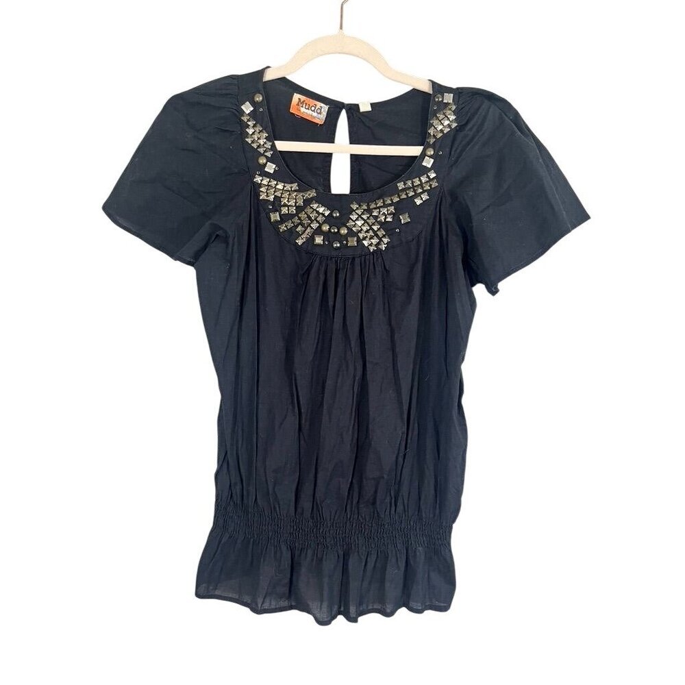 Mudd‎ Embellished Top Black L Peplum Sheer Y2K Boho Indie Folk Chic Classic 80s